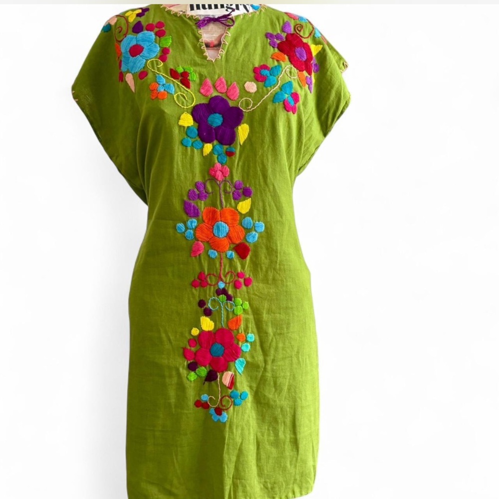 Vintage Handmade Green Cotton Mexican Floral Embroidered Mini Dress